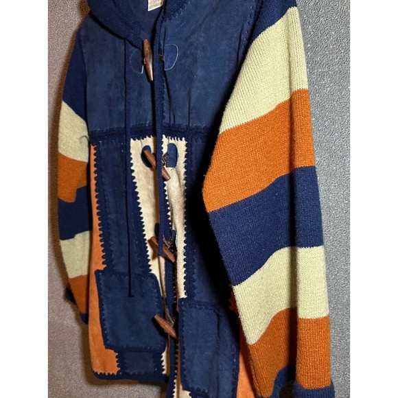Vintage Women`s Small Leather Acrylic Indian Aztec Navy Blue Jacket w/ Hood - Picture 7 of 10